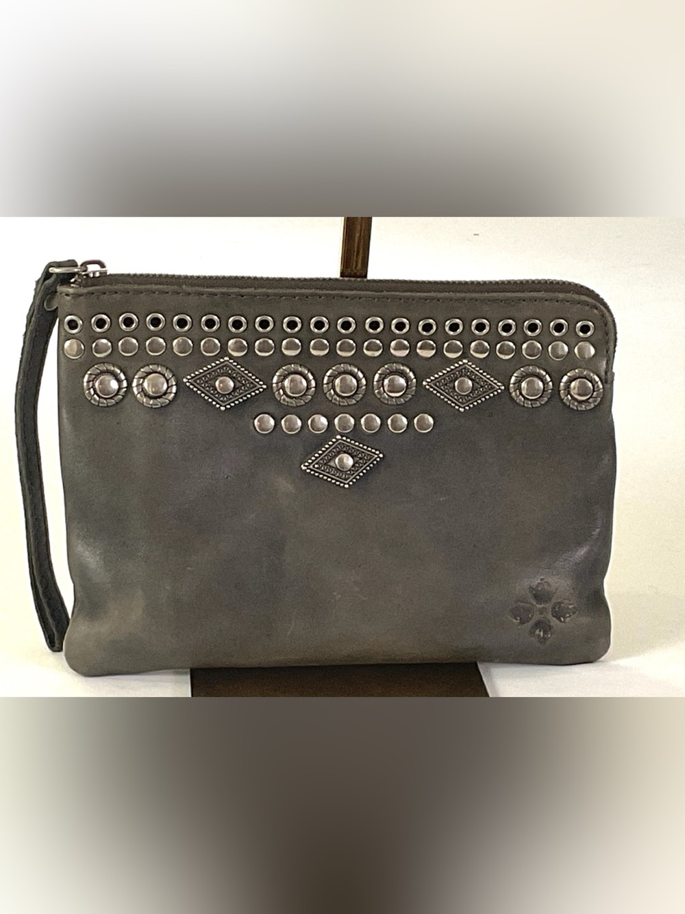 Patricia Nash-gray silver studded, embossed, soft,Italian leather wristlet